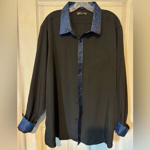 Barry Wang Long Sleeve Blk/Blue Paisley Fitted Contrast - Size XL